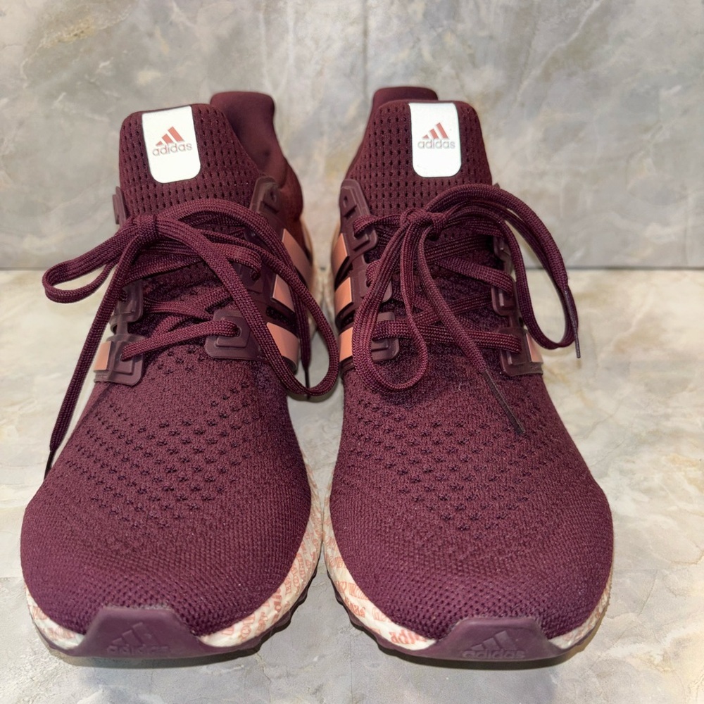 adidas Women's Burgundy Knit Athletic Shoes with Peach Accent Stripes